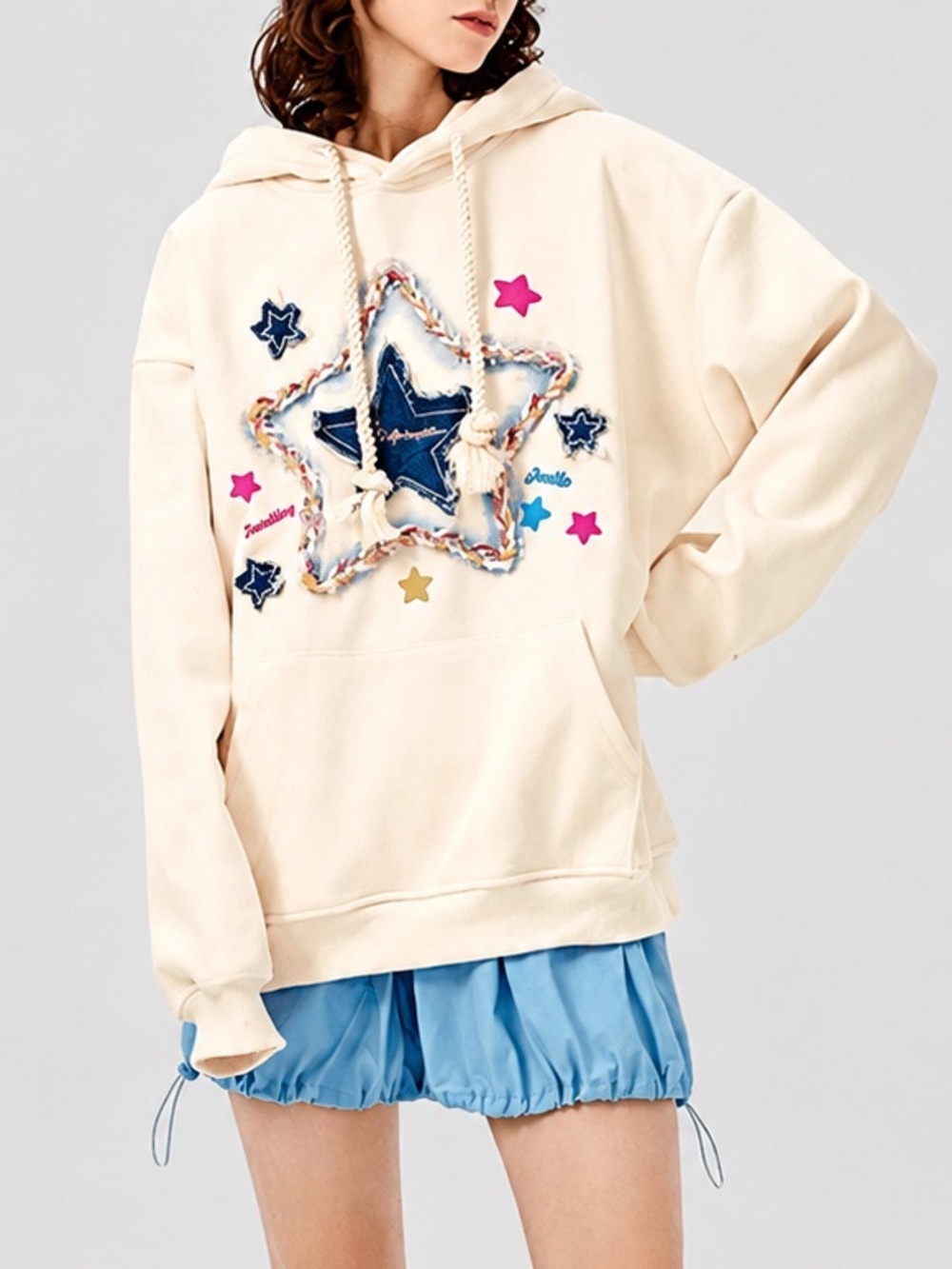 Elfric Eden Star Graphic Hoodie Cream Fleece Y2K Streetwear M